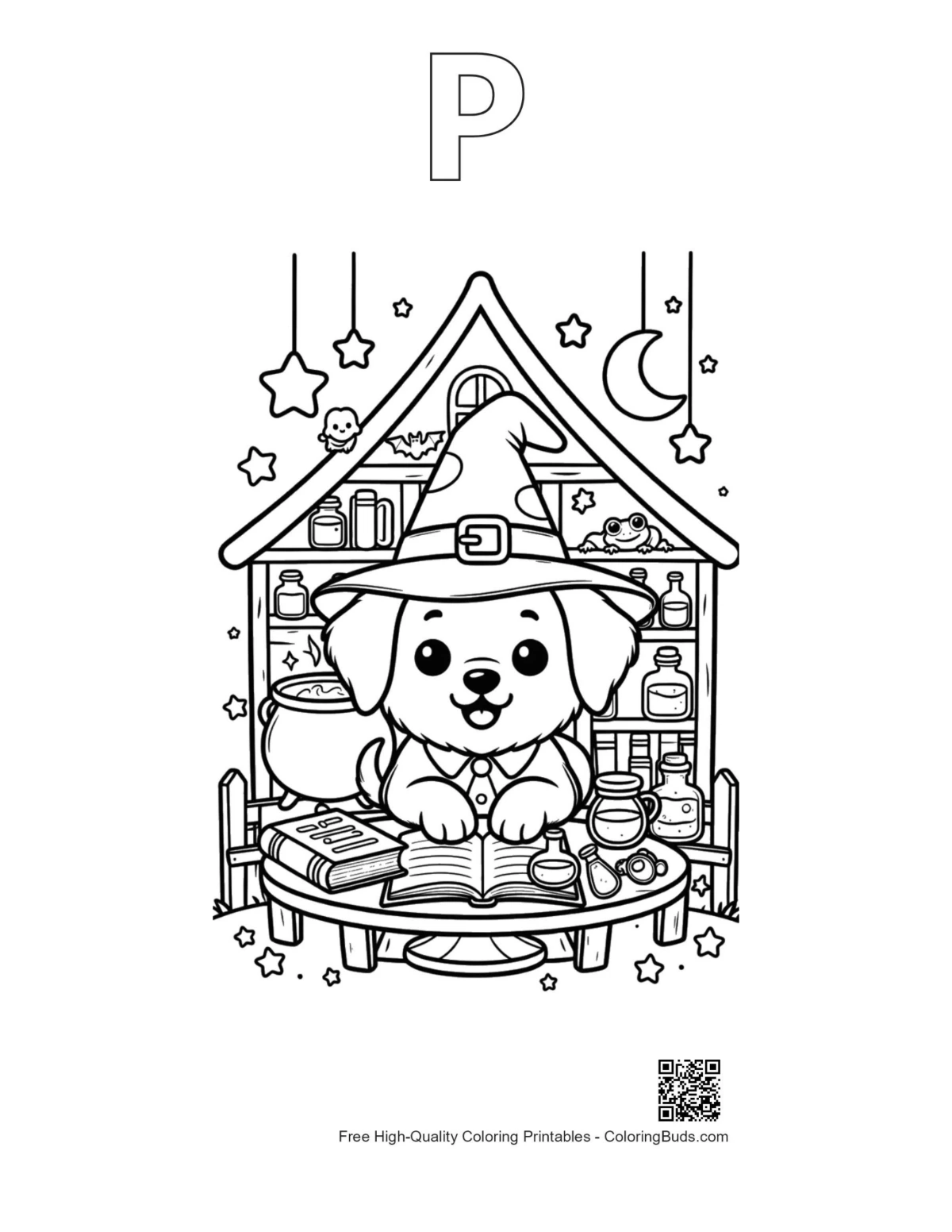 Cute puppy shaped alphabet P printable coloring page