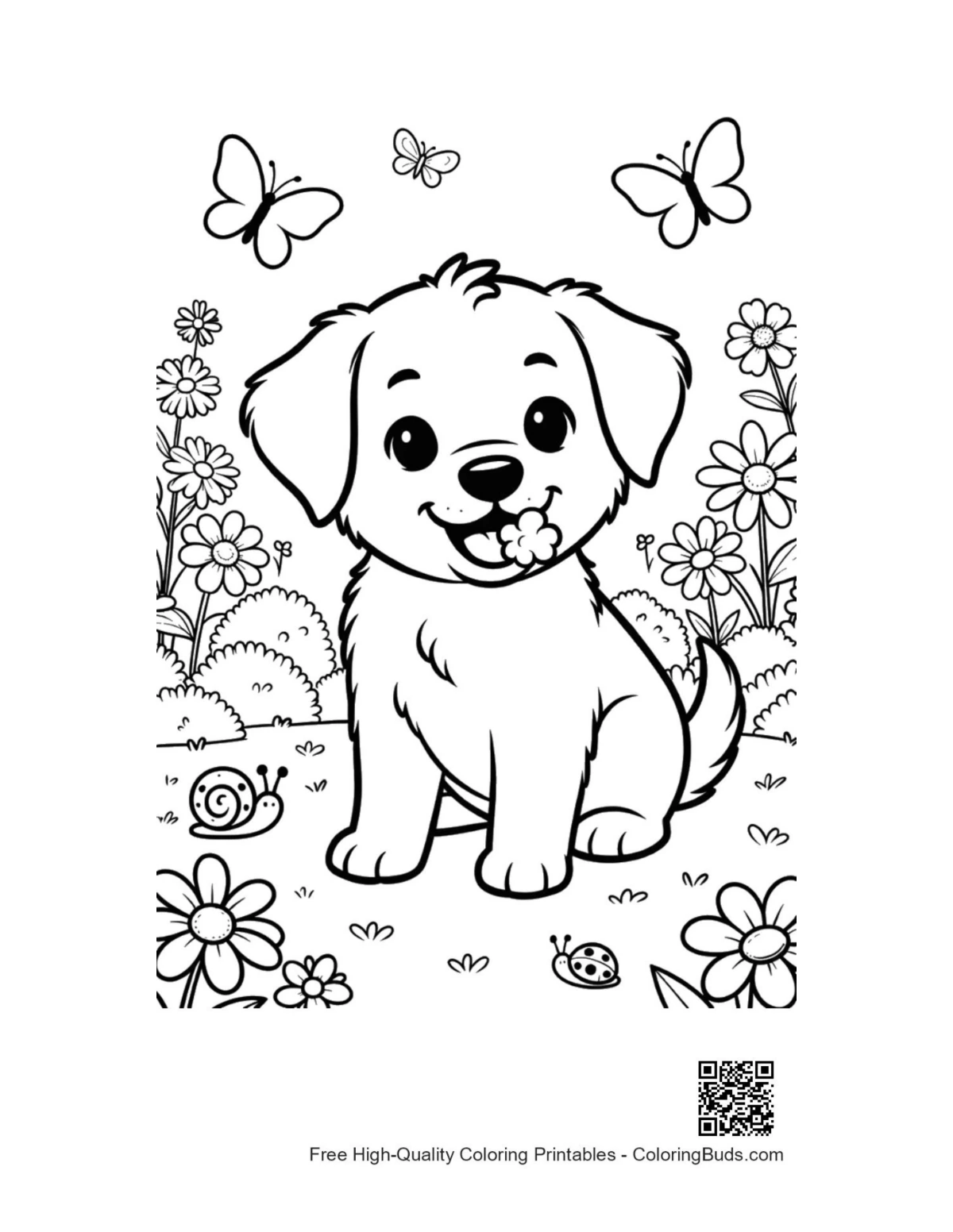 Cute puppy in wildflowers printable coloring page