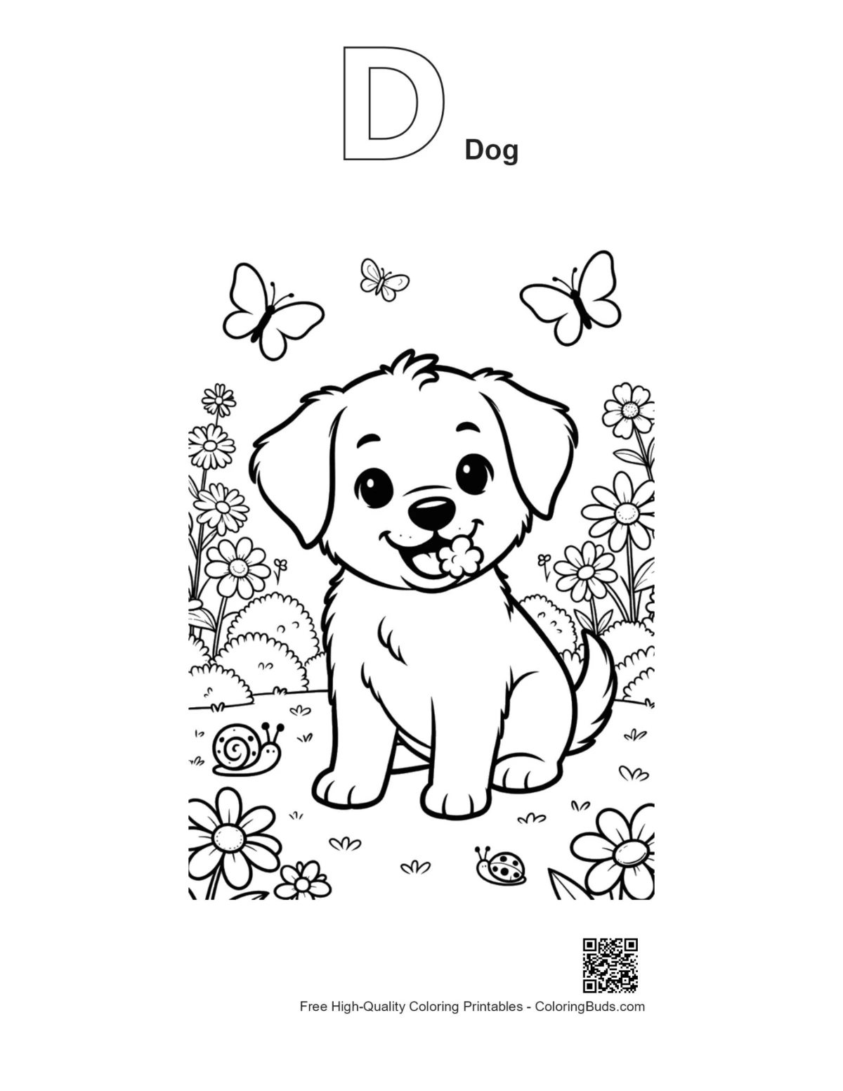 Cute puppy wildflowers outline with D dog alphabet