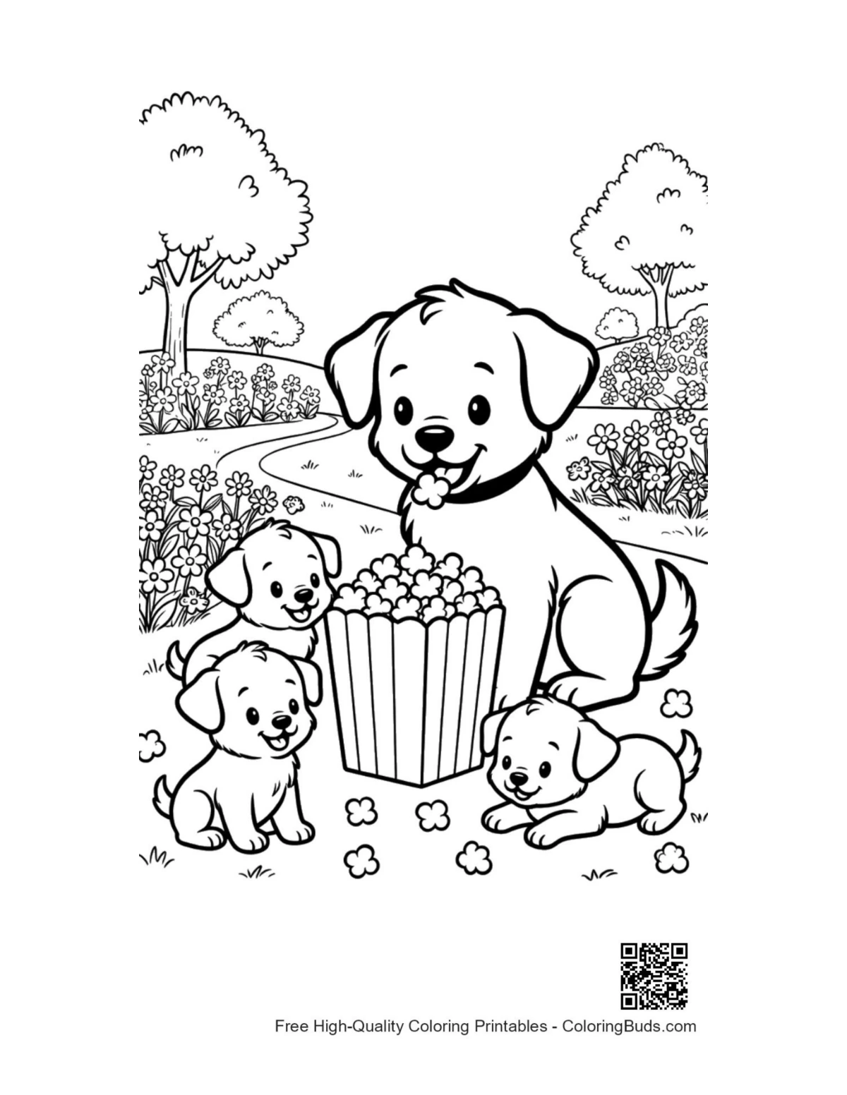 Cute puppy with snacks bowl outdoors coloring page