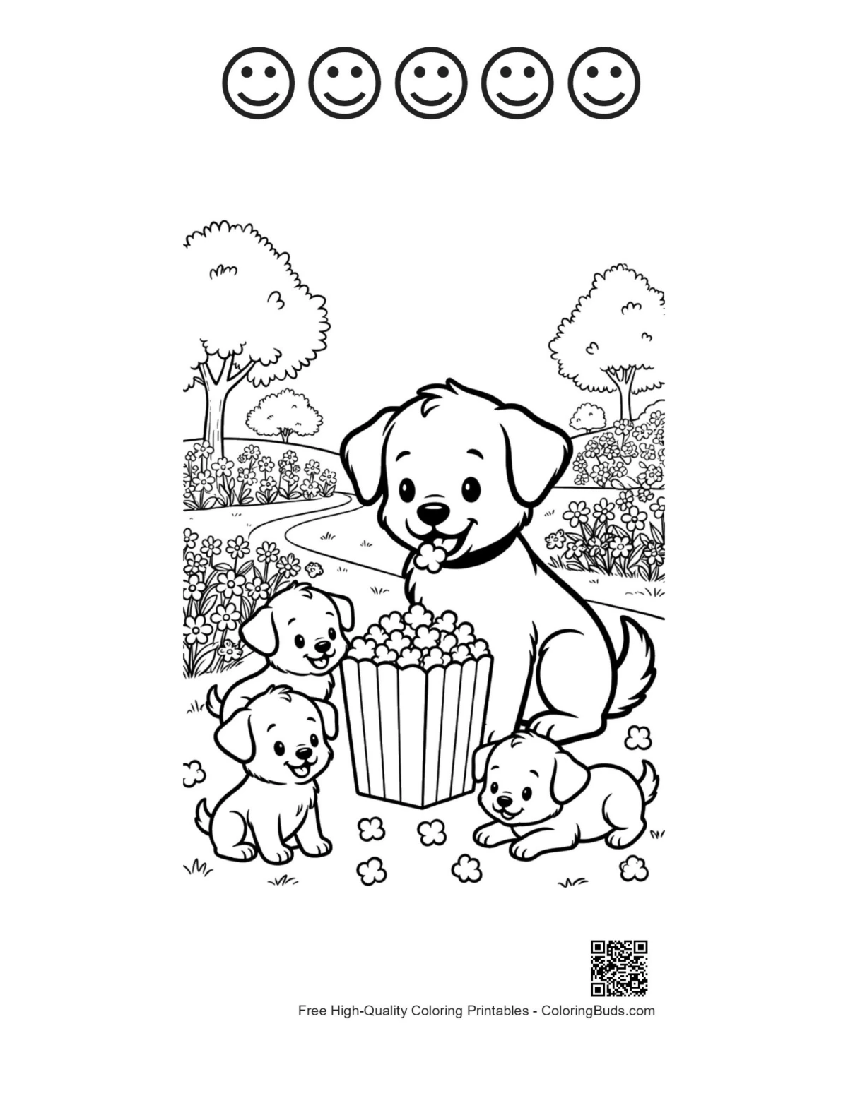 Cute puppy snacks 5 happy face outline page