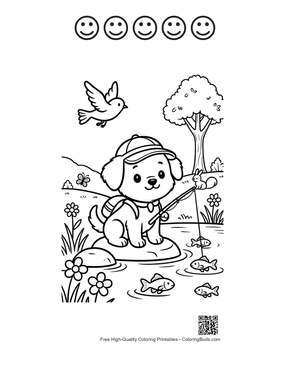 Cute puppy printable with 5 happy face outlines