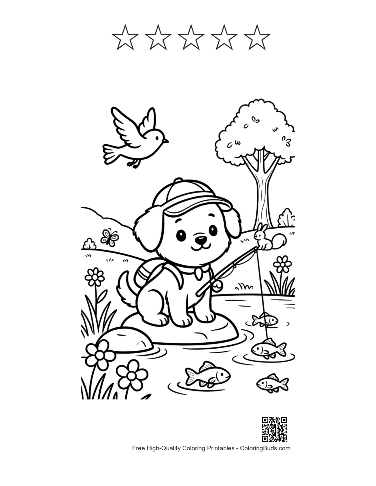 Puppy printable with 5 star outlines for coloring