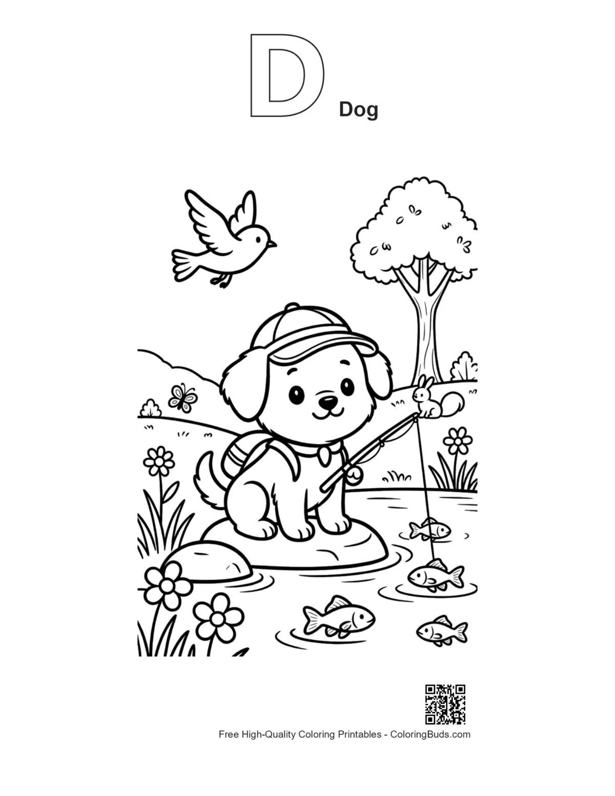 Alphabet D dog puppy printable outline coloring page