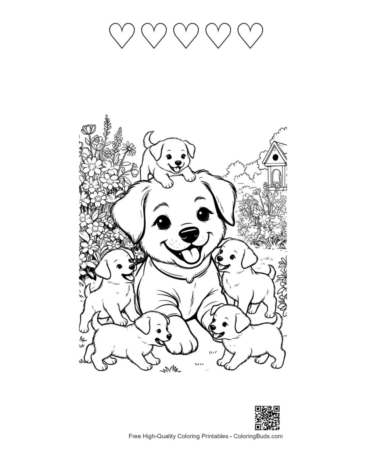 Puppies printable featuring 5 hearts outlines