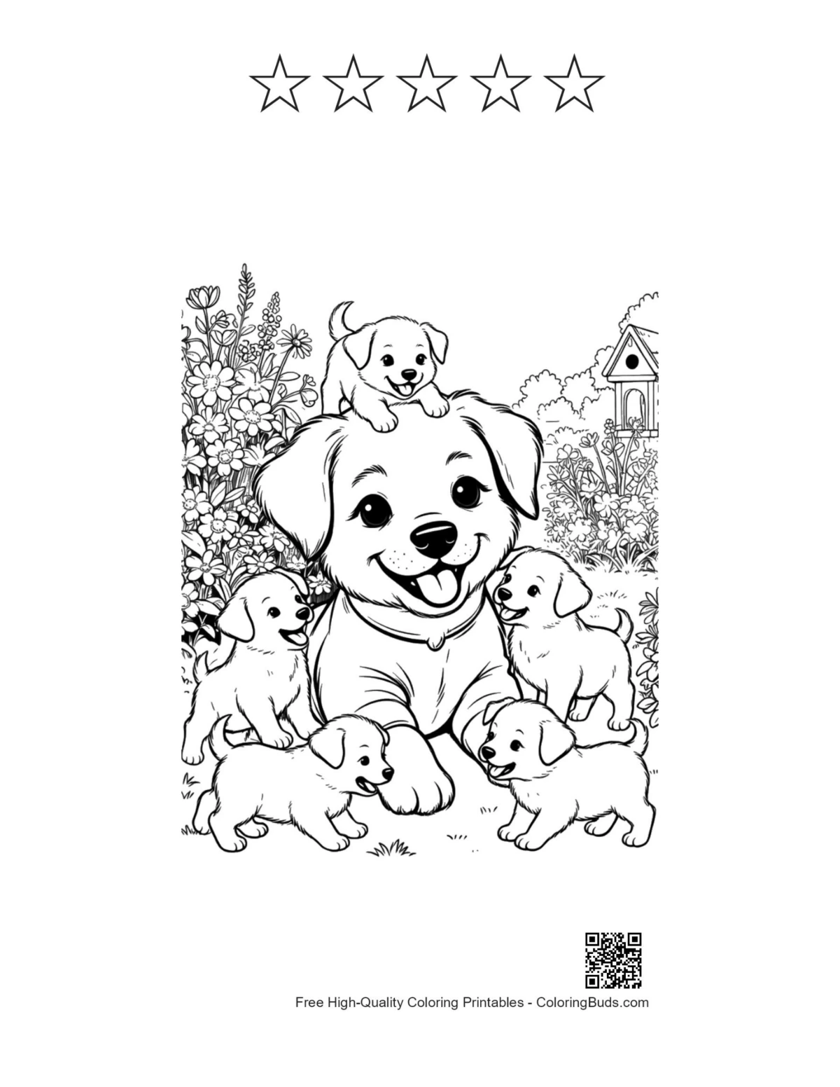Puppies coloring page with 5 stars outline