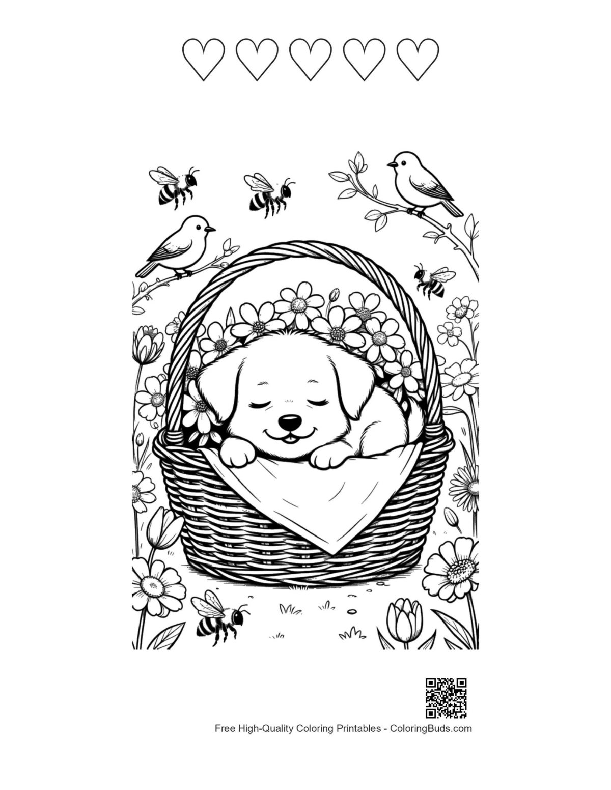 Easy puppies printable featuring 5 heart outlines