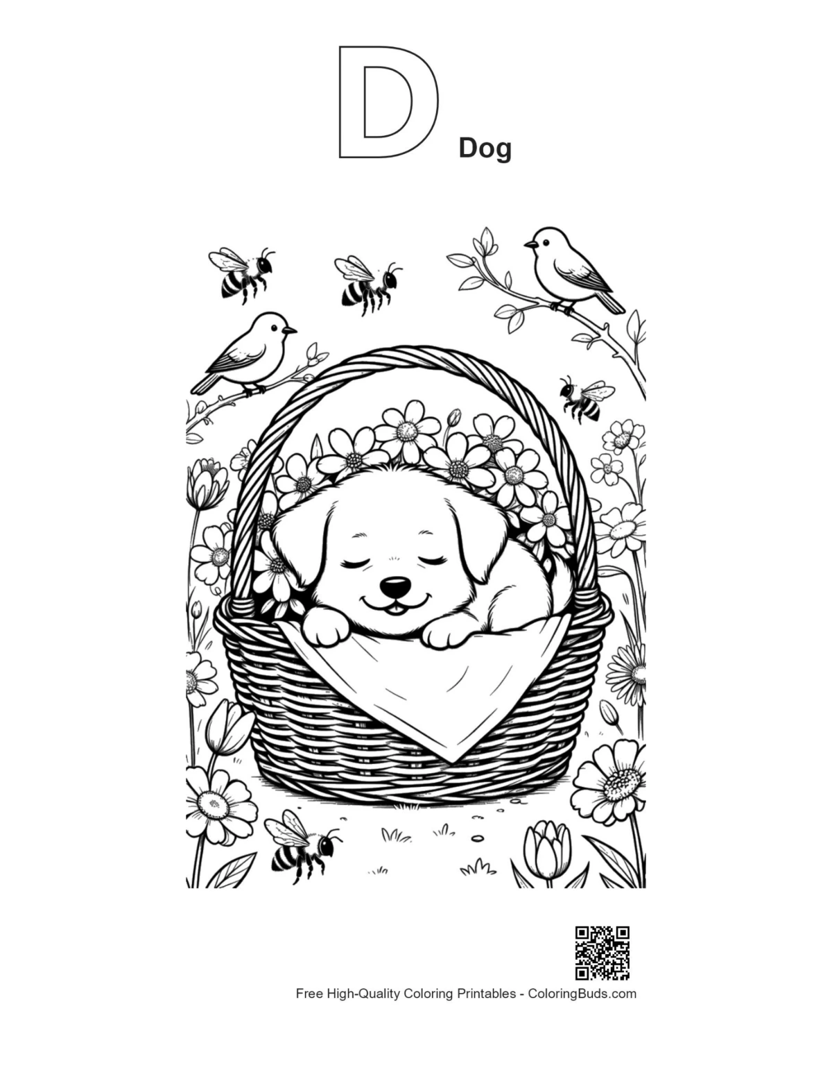 Easy puppies outline alphabet D dog coloring for kids