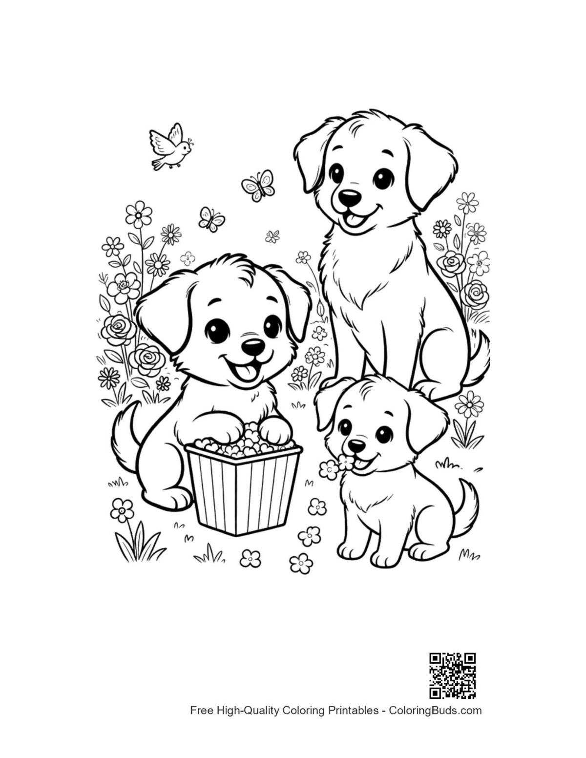 Easy puppies printable coloring page for kids