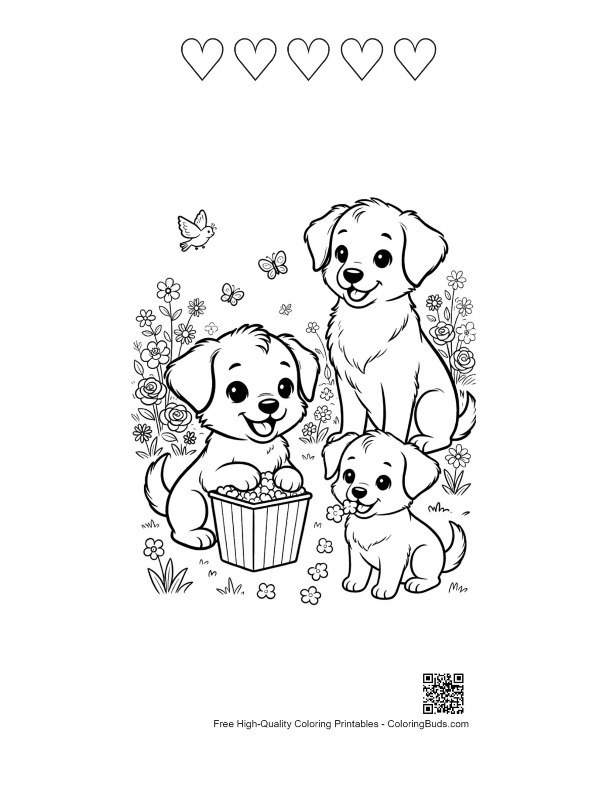 Easy puppies printable with 5 hearts outline