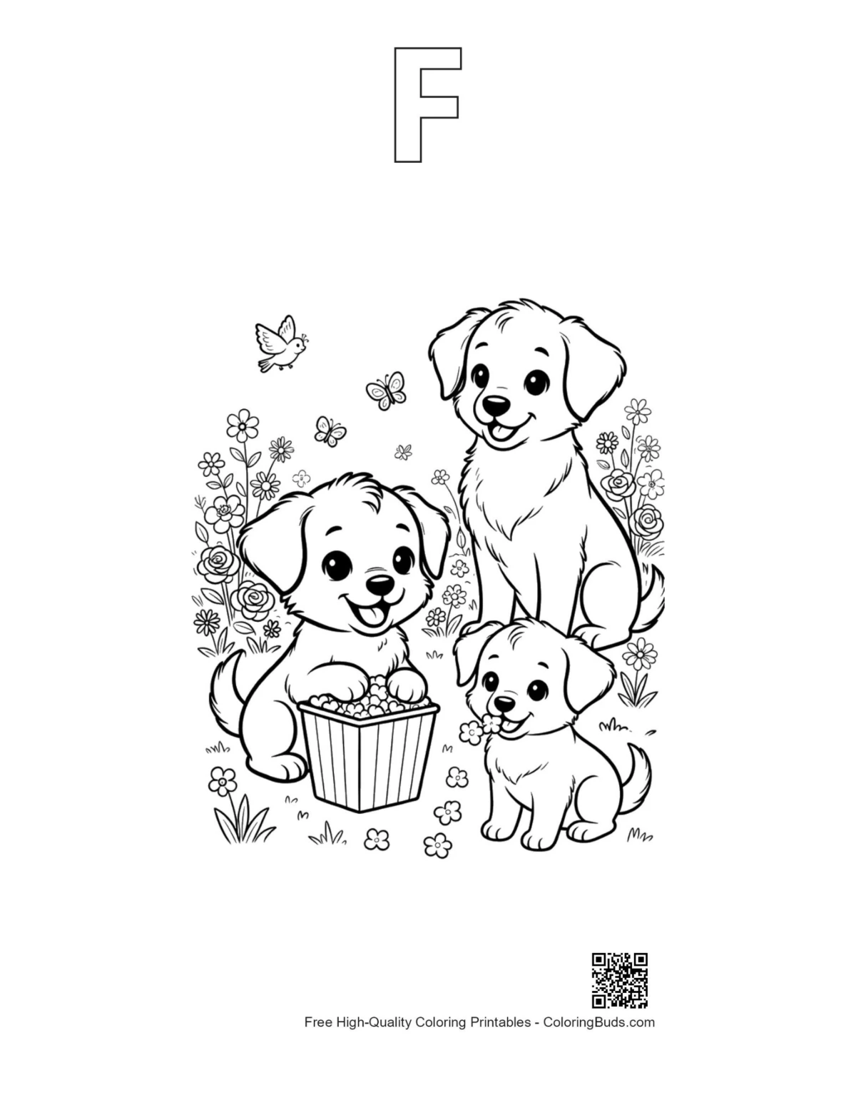 Easy puppies printable alphabet F outline page