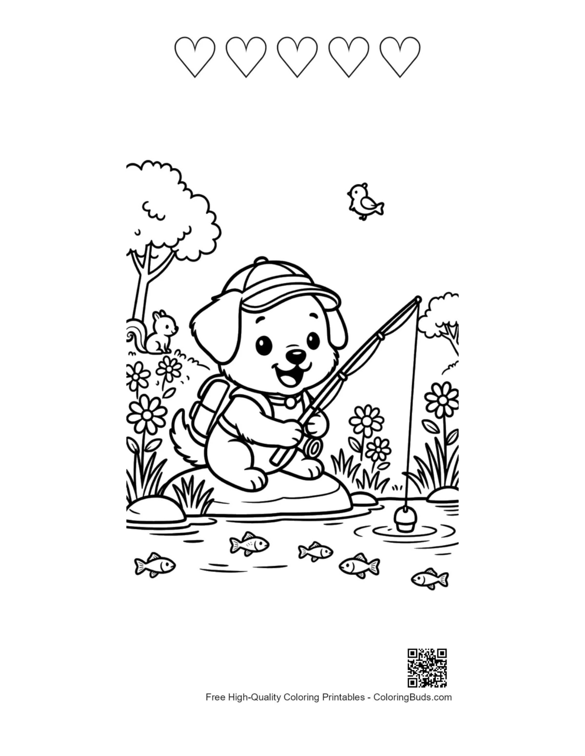 Easy puppy printable featuring 5 heart outlines for kids
