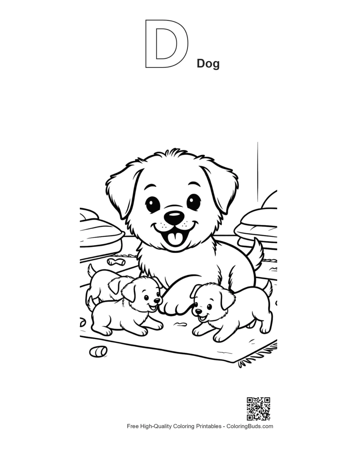 Easy puppy coloring with alphabet D dog outline