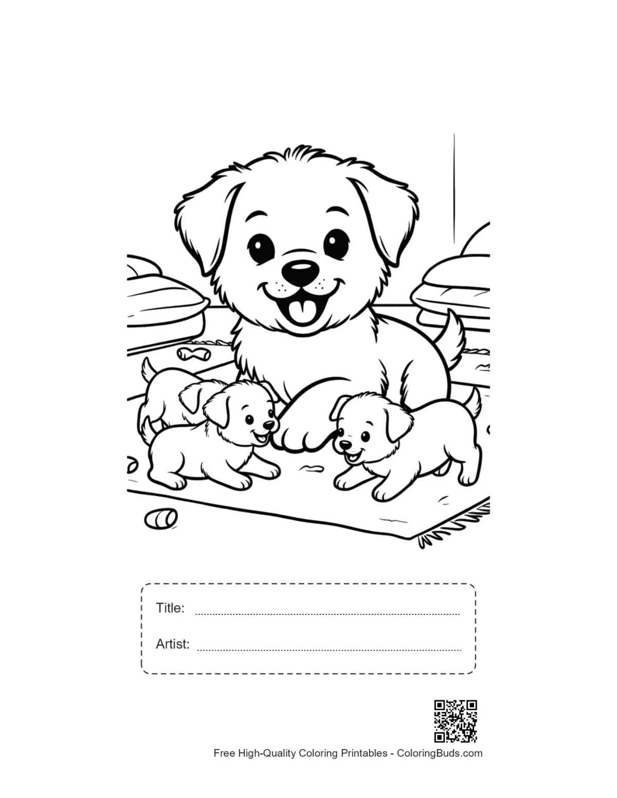 Puppy coloring page with title artist box