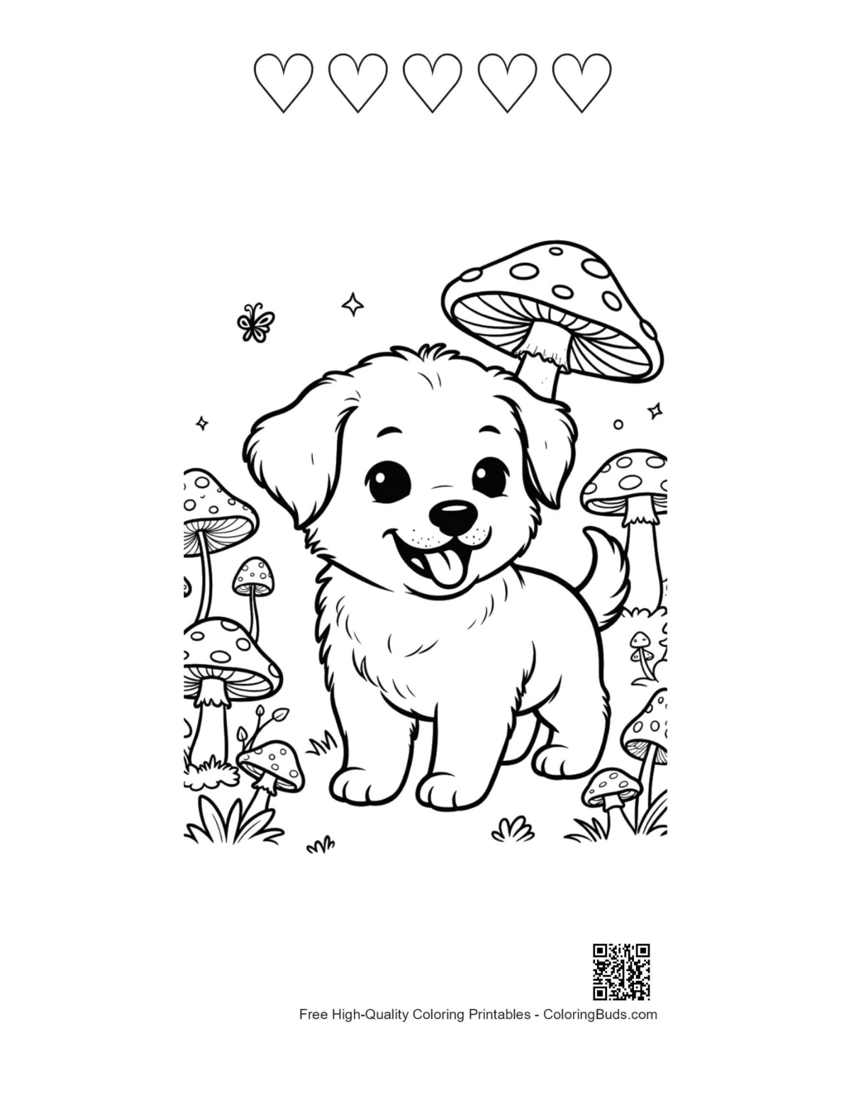 Puppy printable with 5 heart outlines