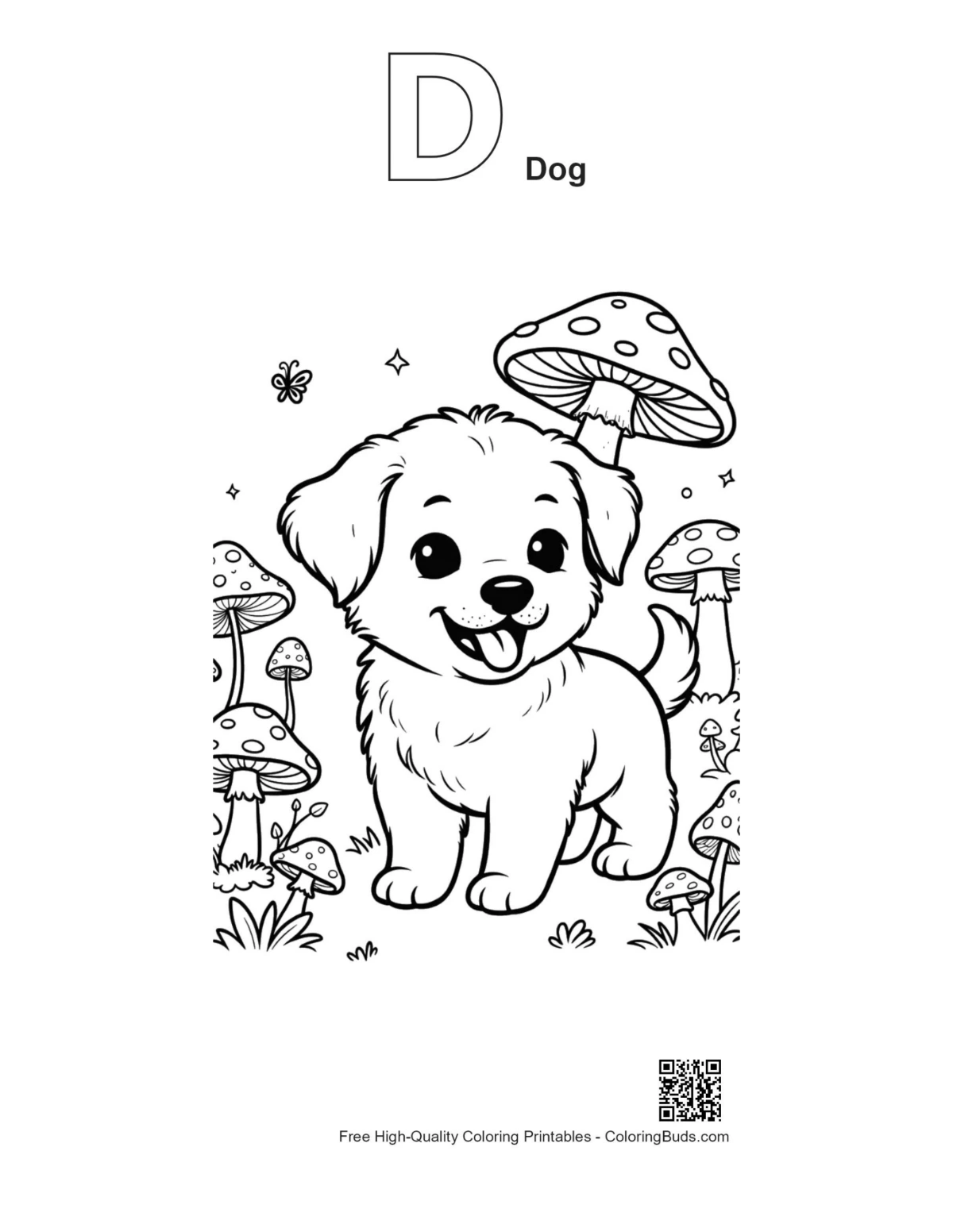 Alphabet D dog puppy outline printable