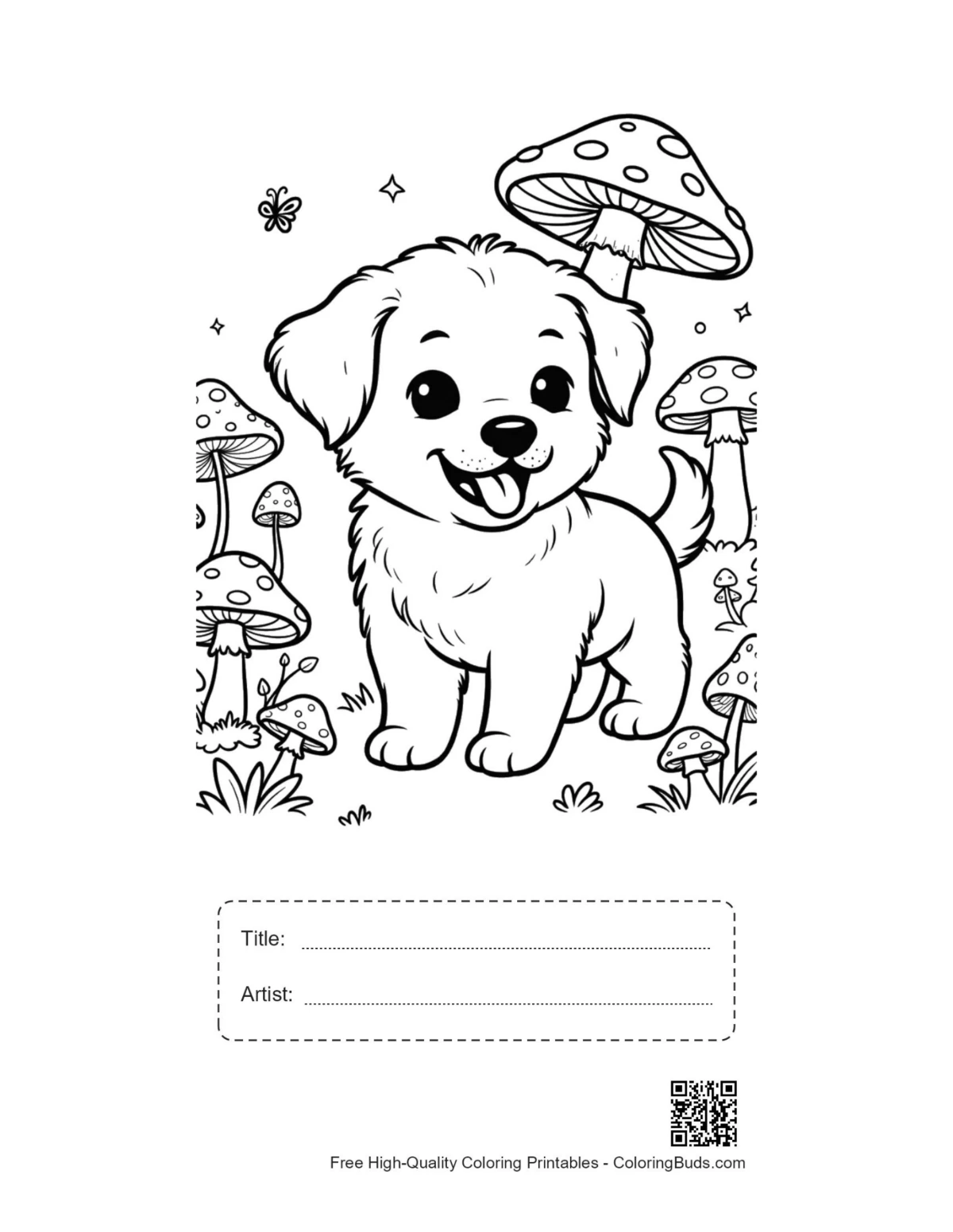 Puppy coloring page with title artist box