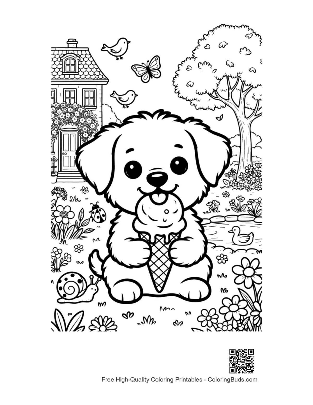 Cute happy puppy eating ice cream cone coloring printable