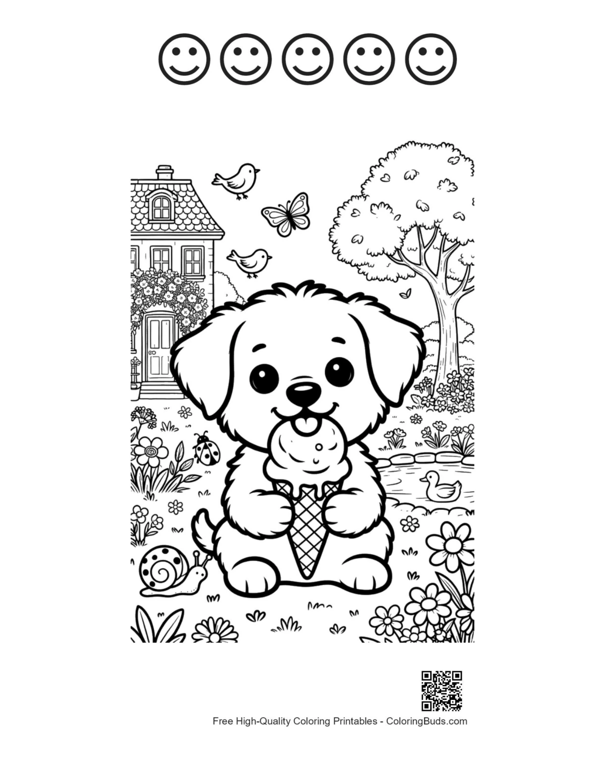 Puppy eating ice cream with 5 happy face outlines printable