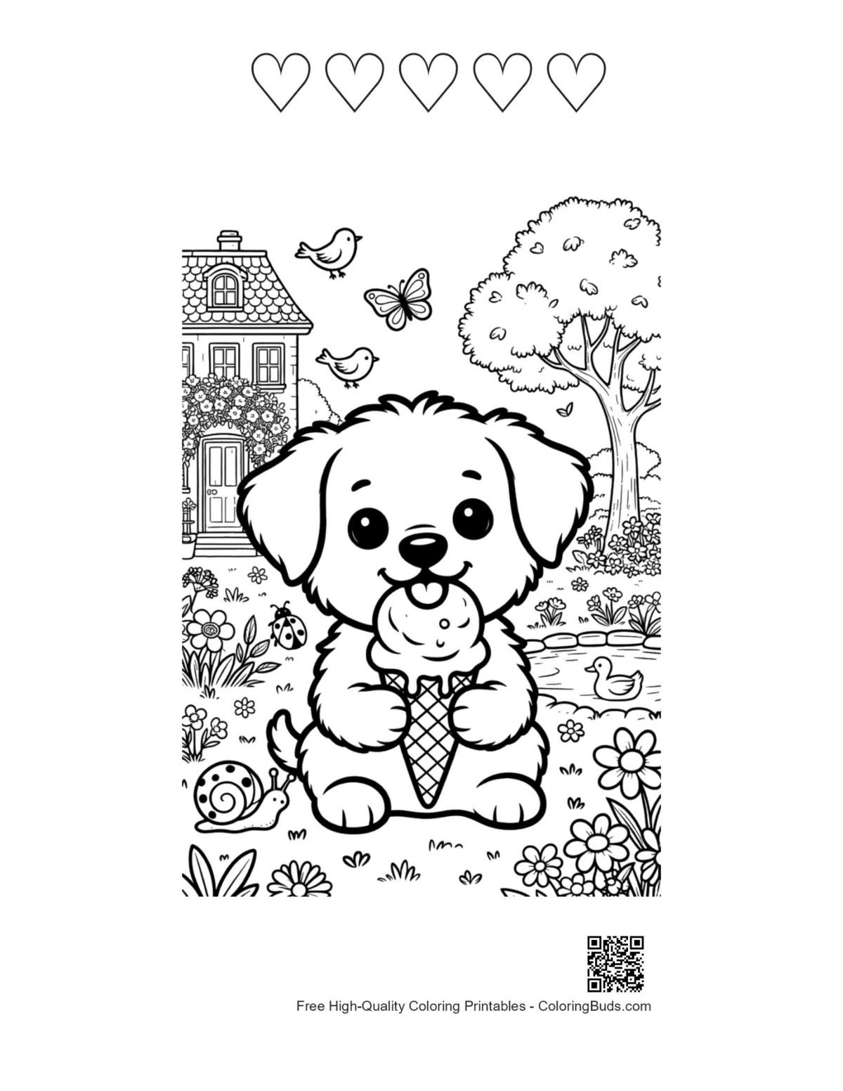Happy puppy ice cream cone printable 5 heart outlines
