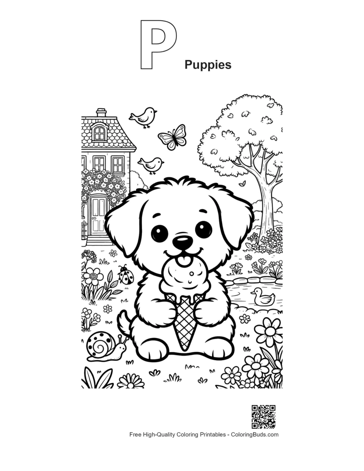 Puppy ice cream cone outline alphabet P puppies coloring page