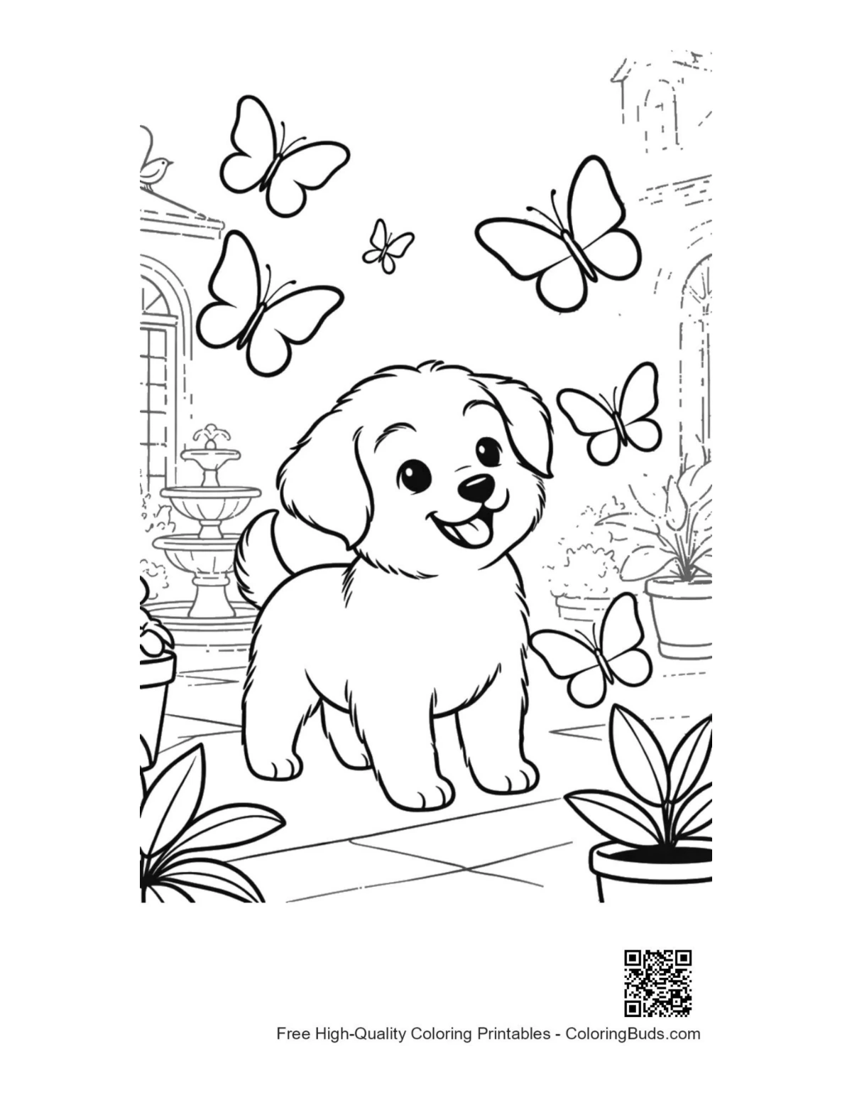 Happy puppy exploring garden path with butterflies coloring page