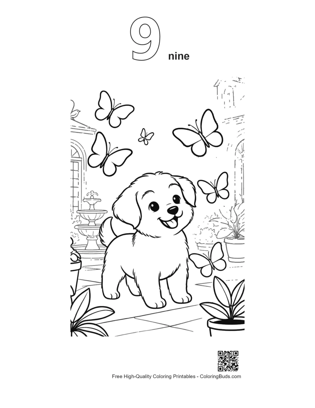 Happy puppy garden outline number 9 coloring printable