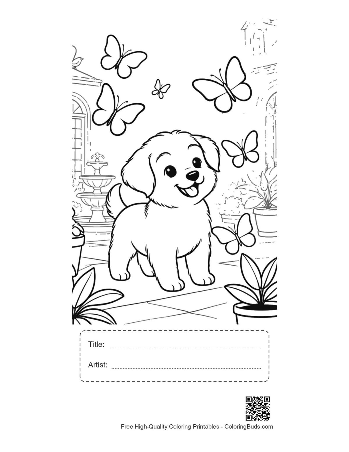 Happy puppy garden printable with title and artist box