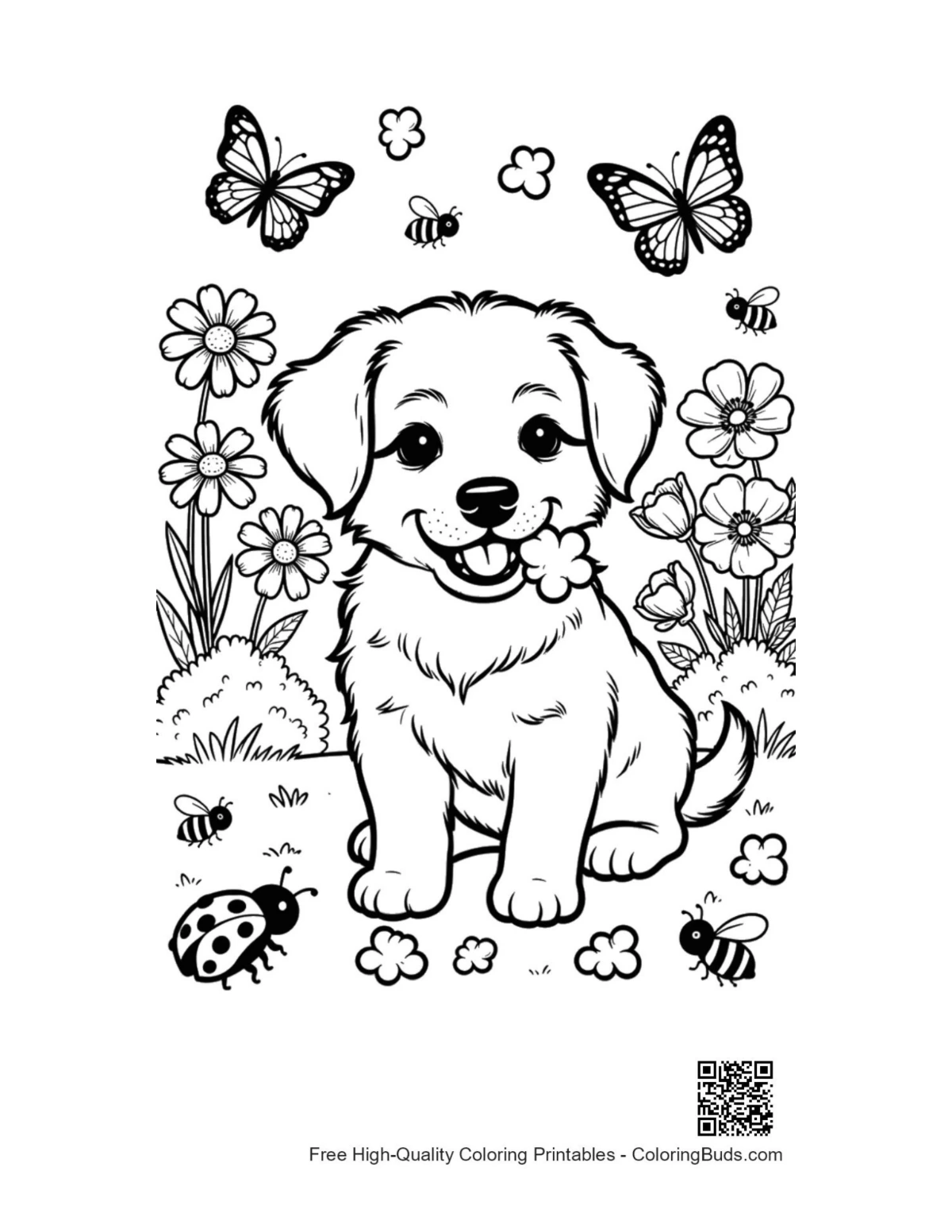 Cute happy puppy in spring flowers coloring page