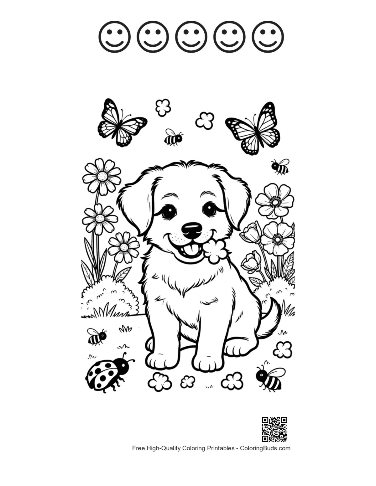 Puppy spring flowers 5 happy faces outline page