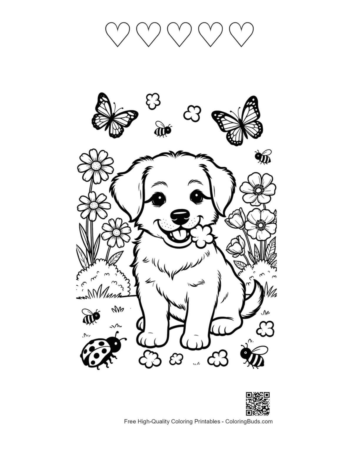 Cute puppy flowers with 5-heart outline printable