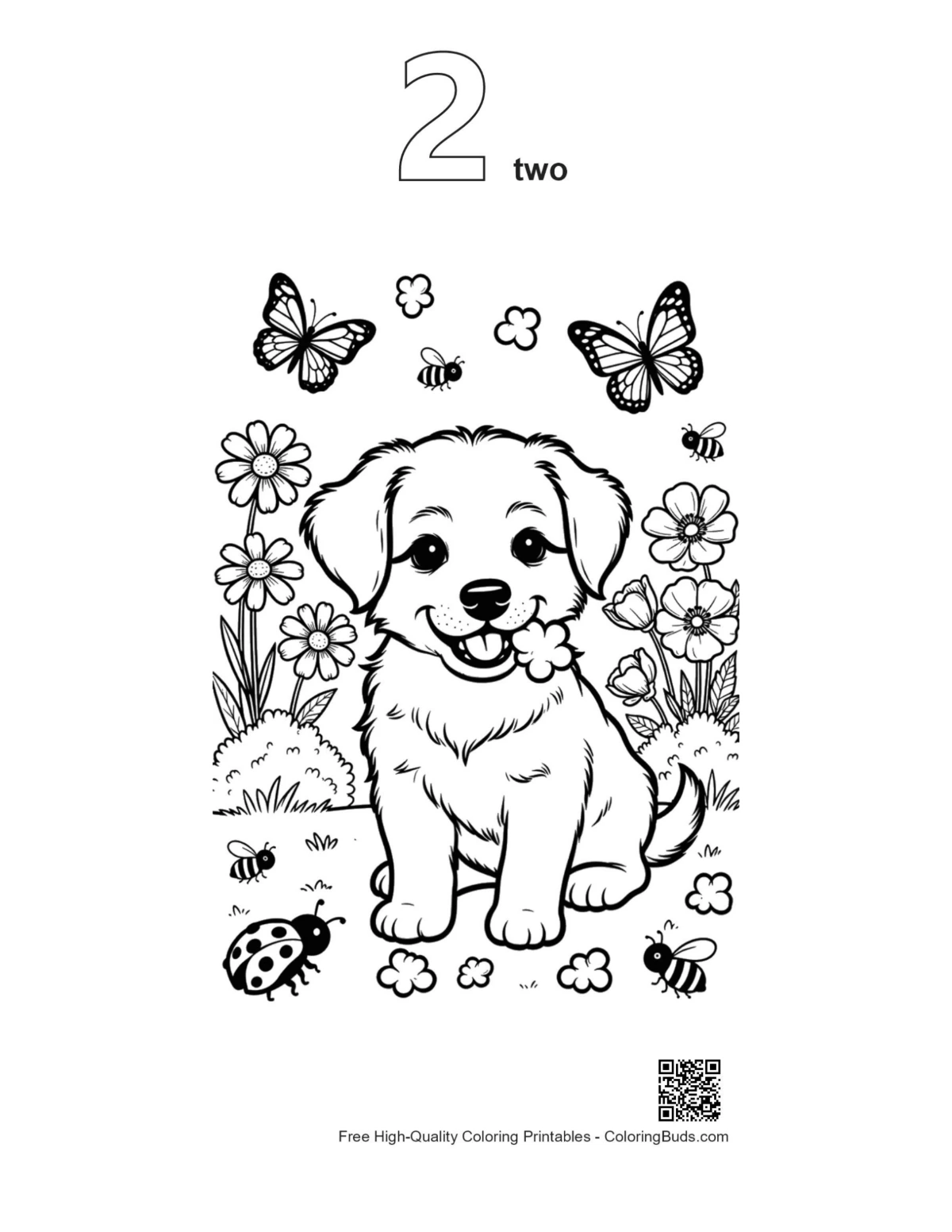 Outline happy puppy flowers printable coloring sheet