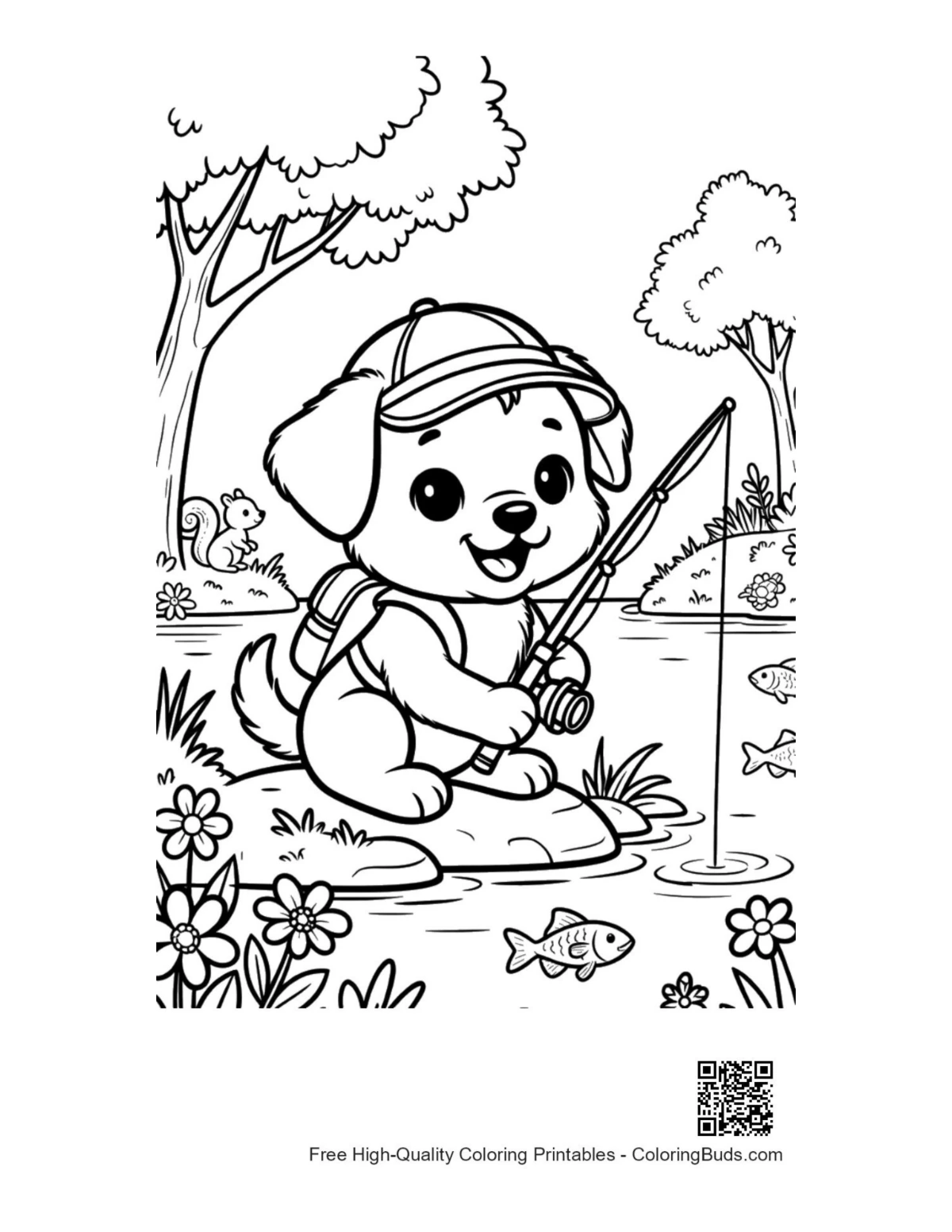 Happy puppy by garden flowers basket coloring page