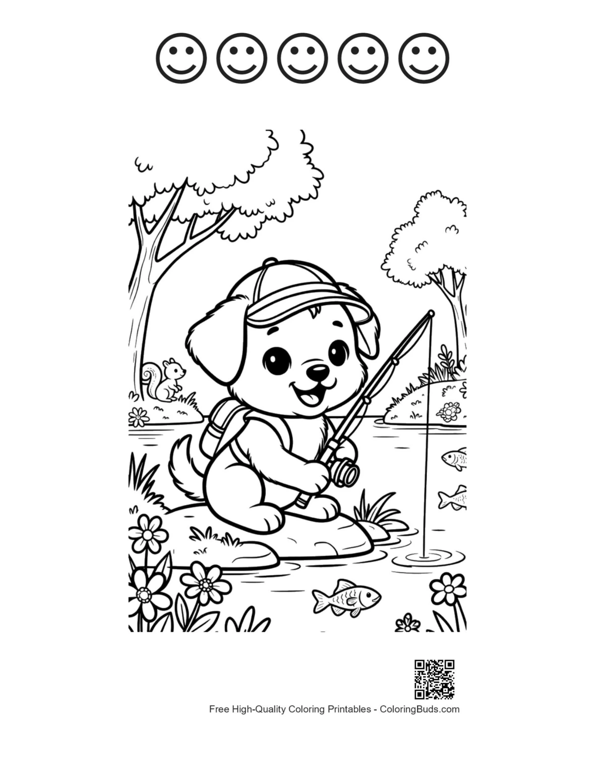 Puppy garden flowers with 5 happy faces outline