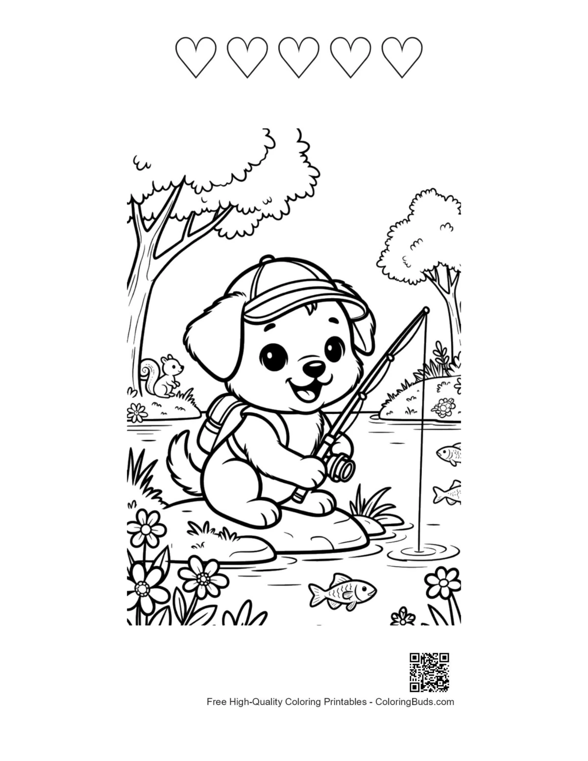 Happy puppy flowers basket 5 hearts outline