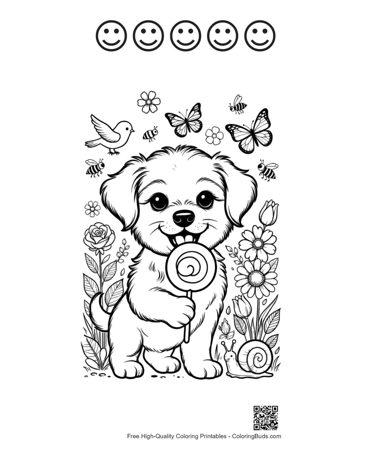 Puppy lollipop butterflies 5 happy faces outline