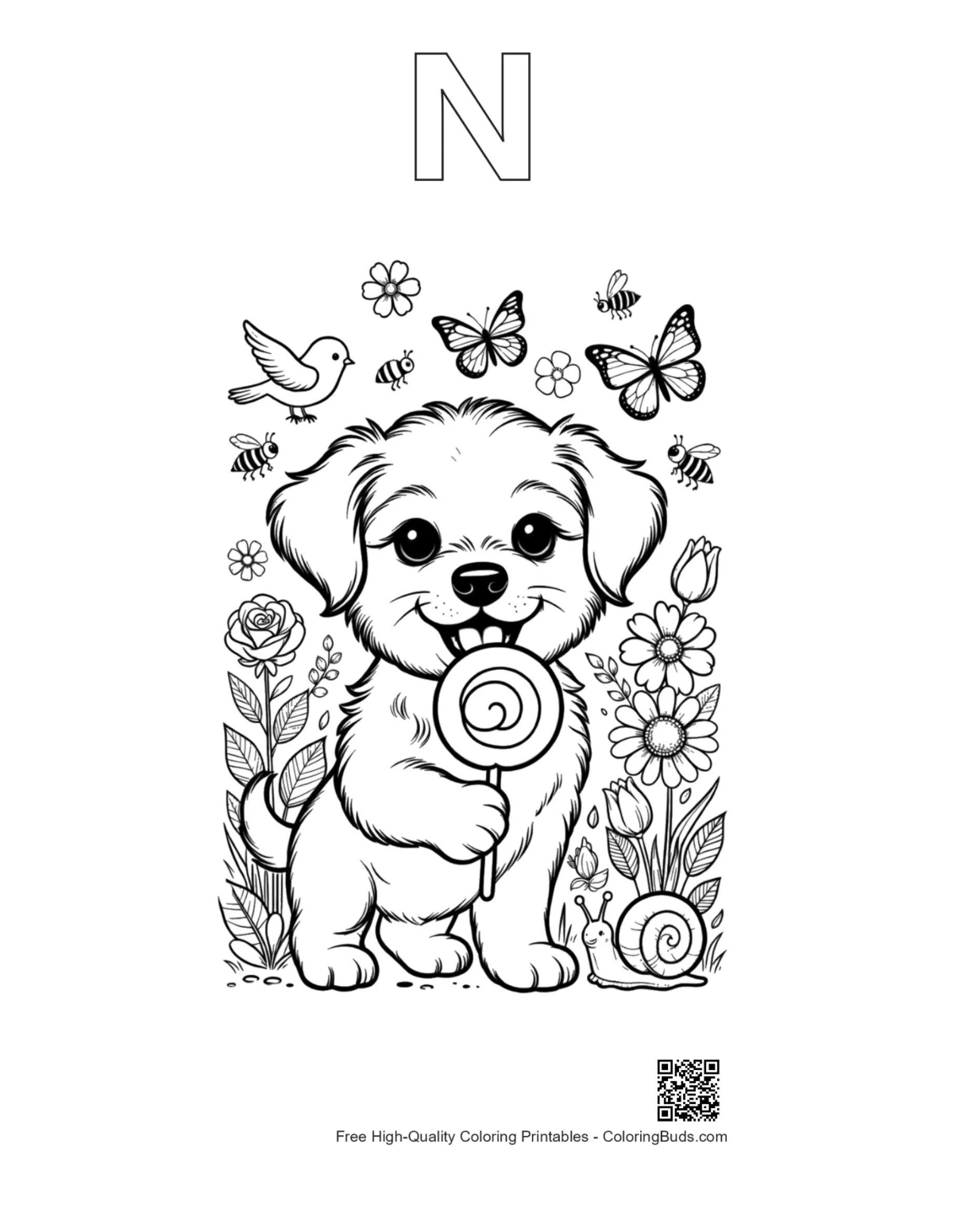 Puppy lollipop butterflies alphabet N outline printable