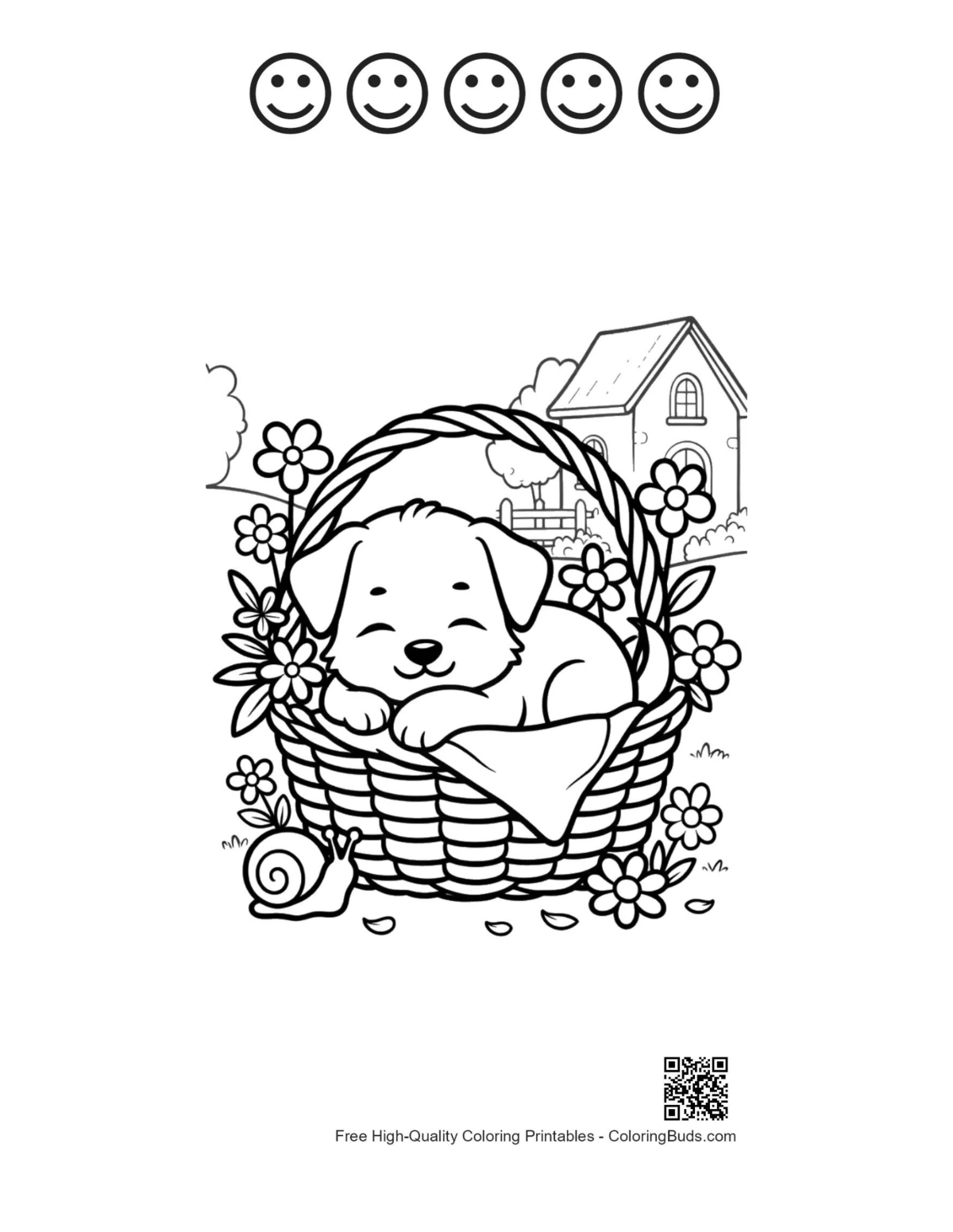 Puppies page with 5 happy faces outline