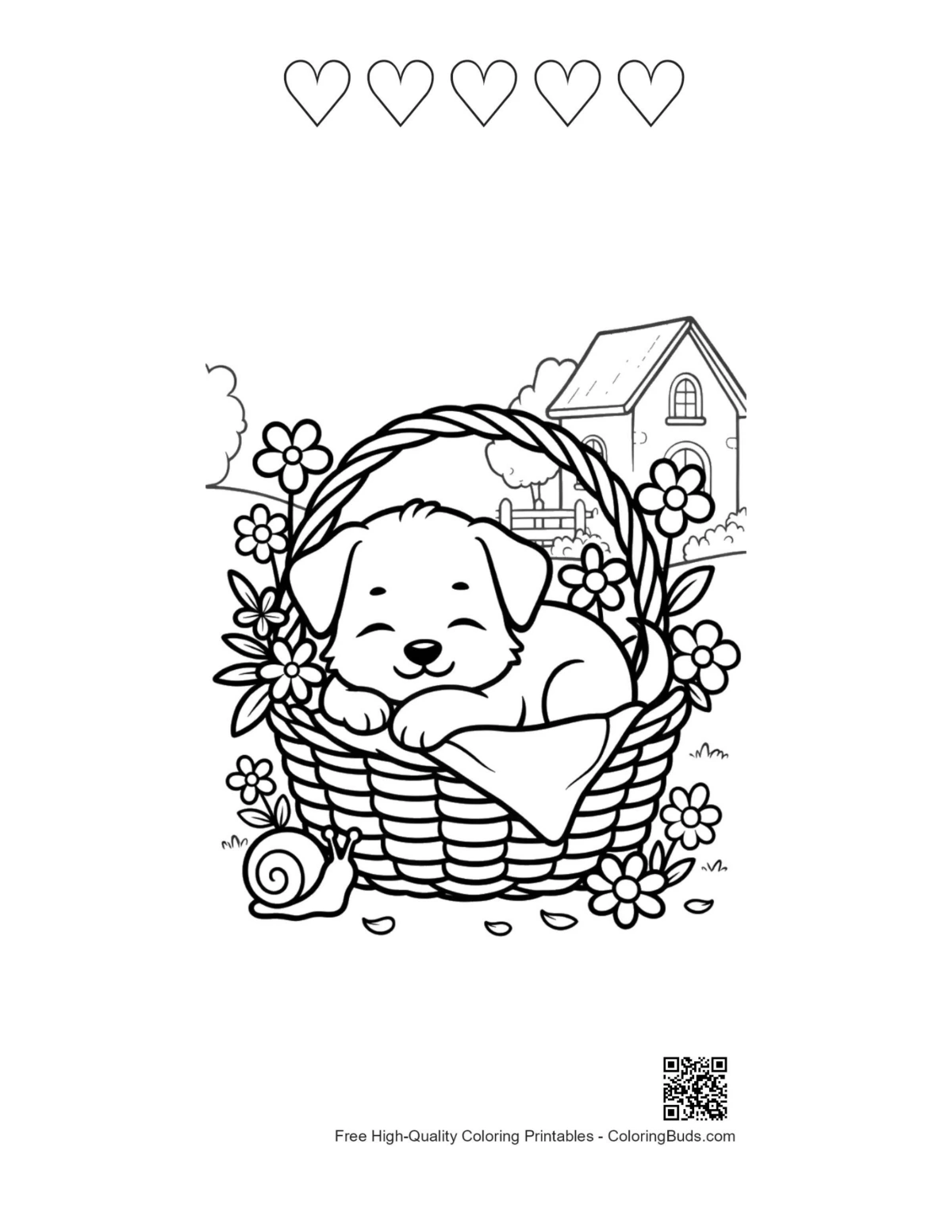 Puppies coloring with 5 hearts outline sheet