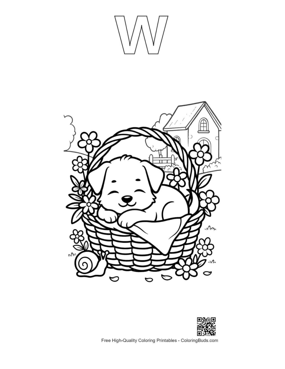 Puppies outline alphabet W coloring printable