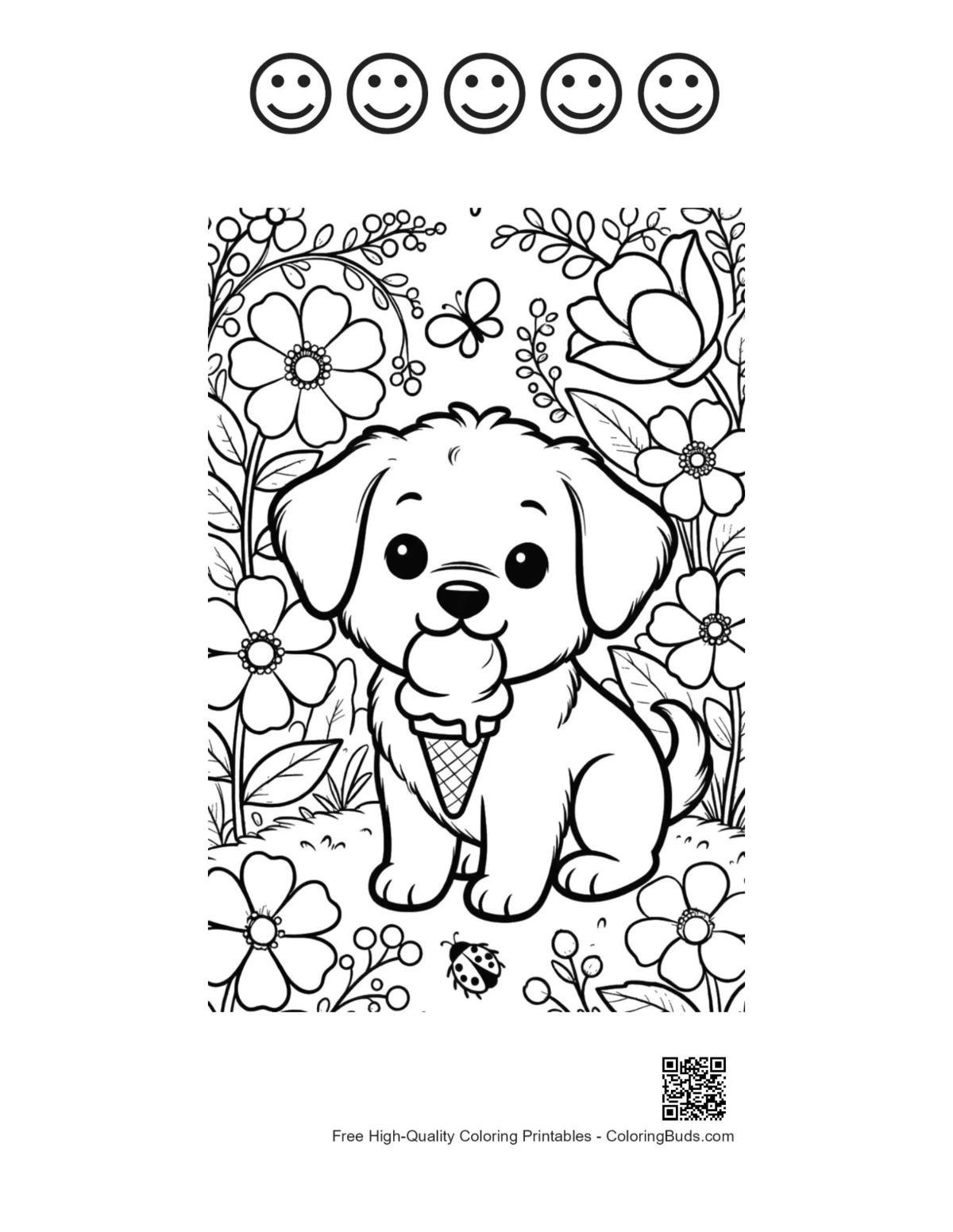 Puppies with 5 happy face outline printable page