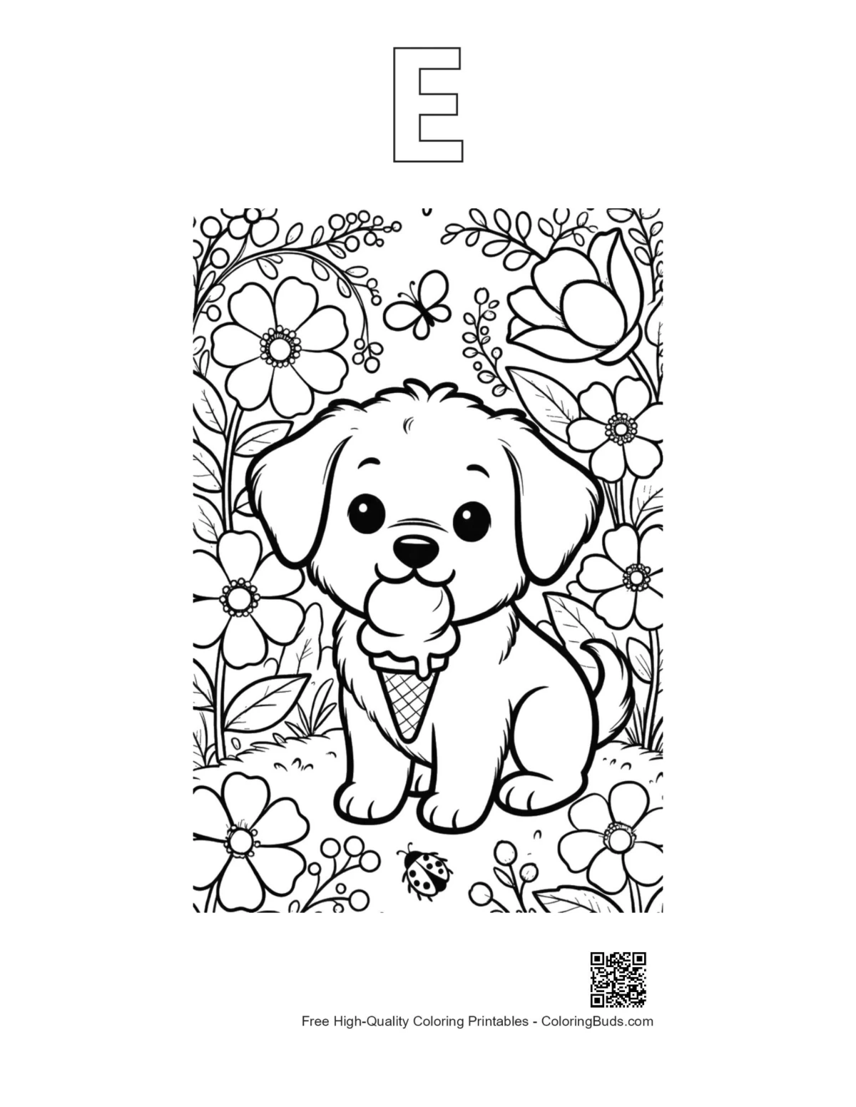 Puppies outline alphabet E printable coloring page