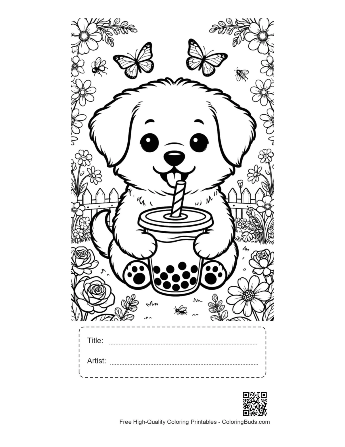 Puppies coloring page with title and artist box