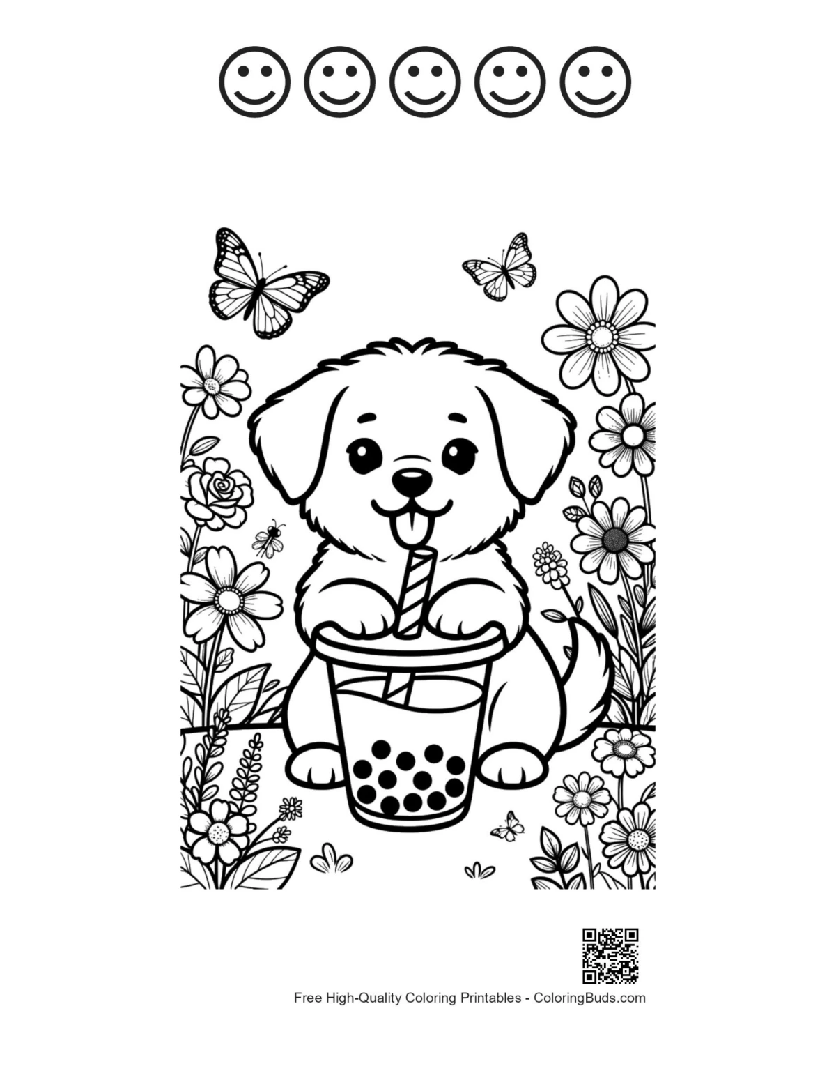 Puppy boba tea 5 happy faces outline page