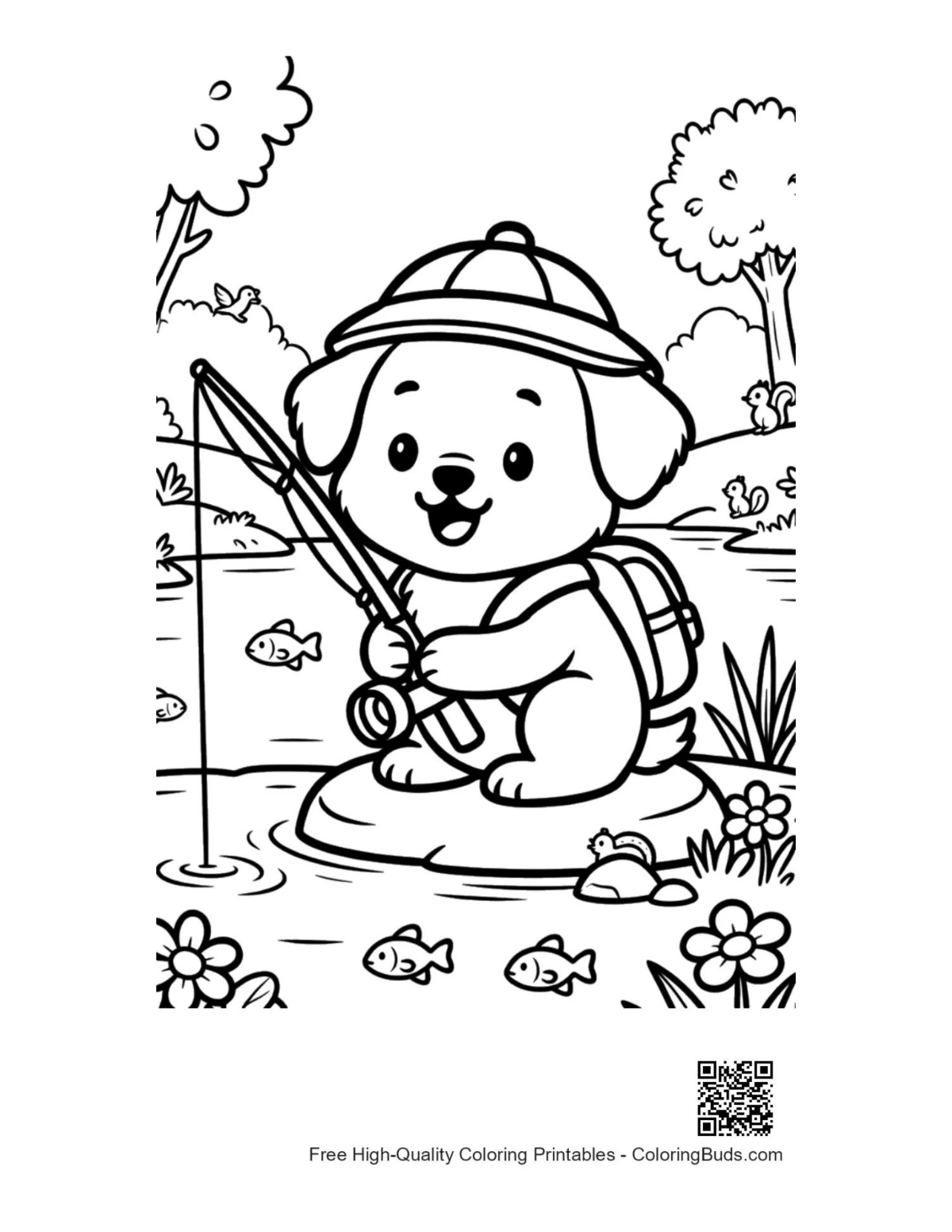 Puppy playing with puppies near flowers coloring printable