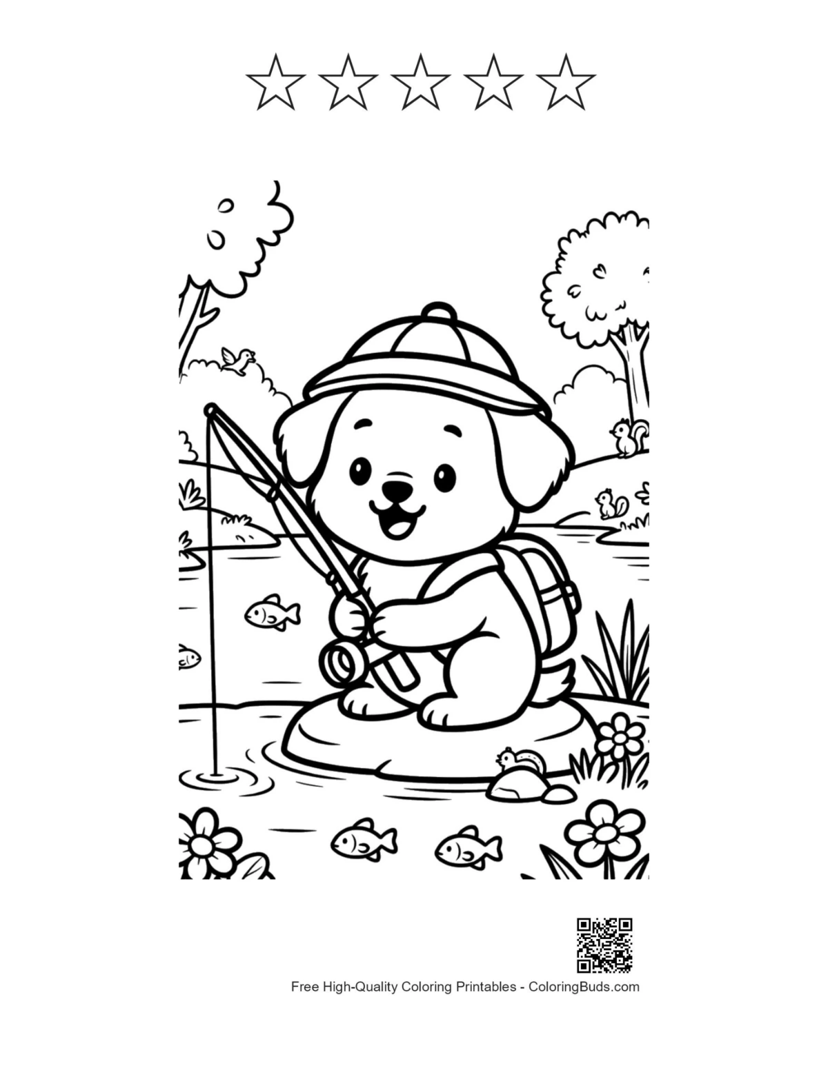 Puppies near flowers printable with 5 star outlines