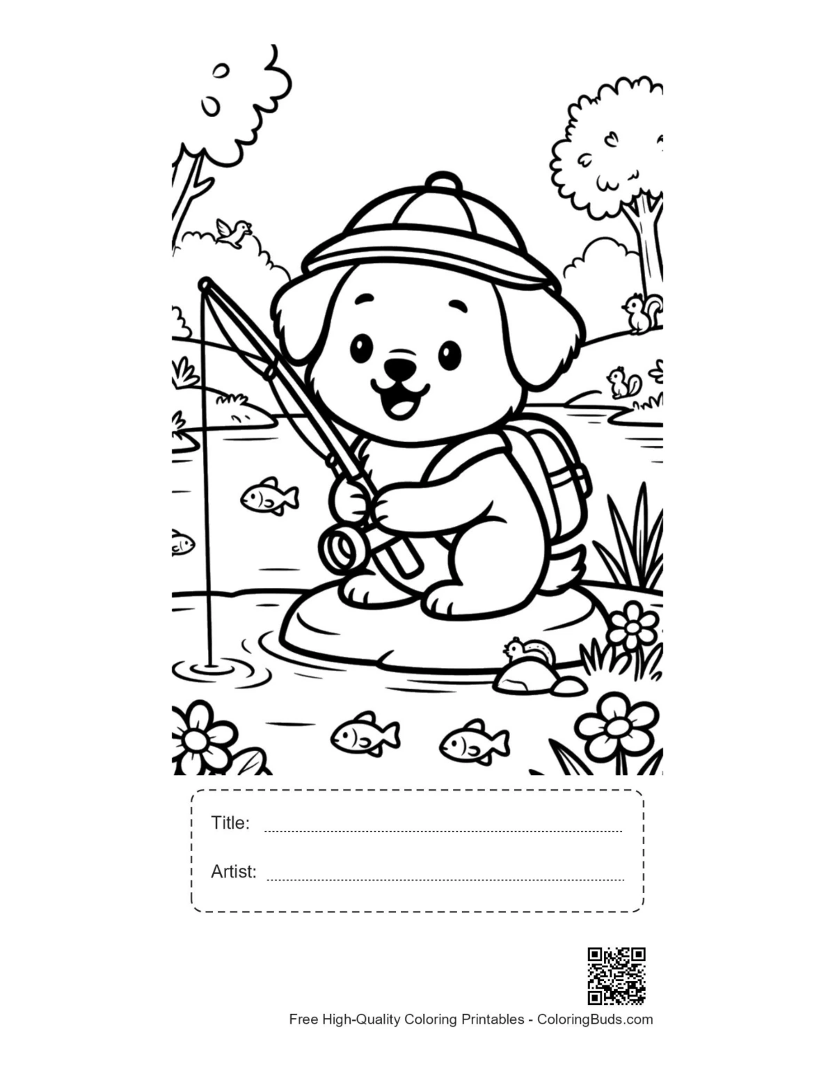 Puppy group play near flowers printable with title box