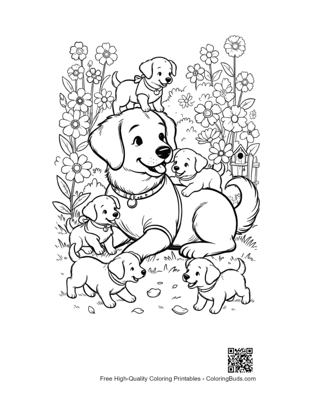 Cute puppy chasing butterflies coloring page