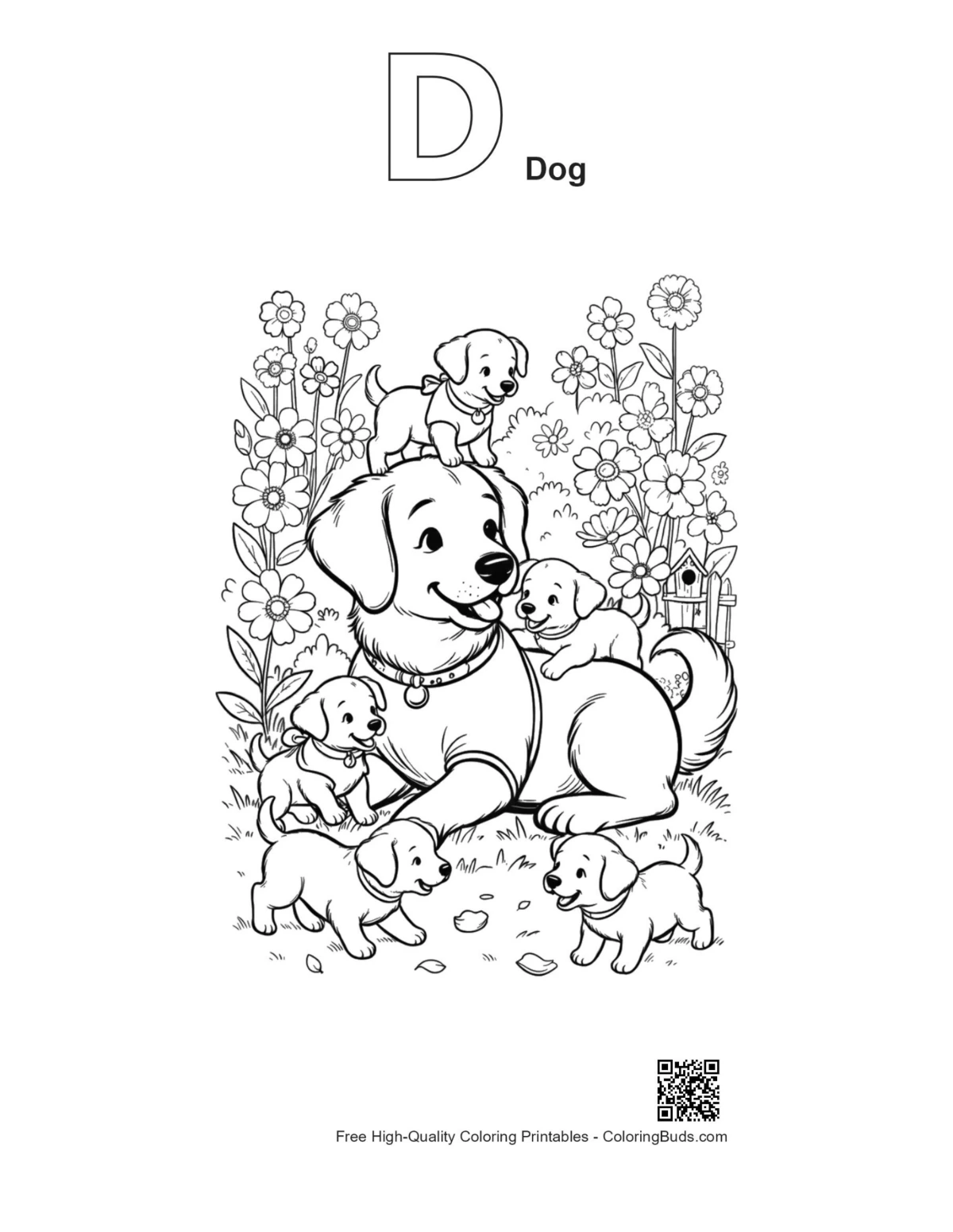 Outline puppy butterflies with D dog alphabet