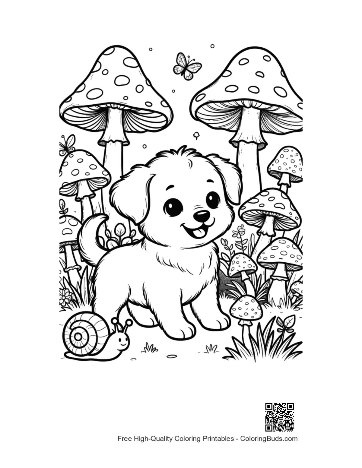 Cute puppy playing snails butterflies nature coloring page